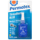 A bottle of Permatex medium strength threadlocker in blue color, packaged in a blister pack with product information.