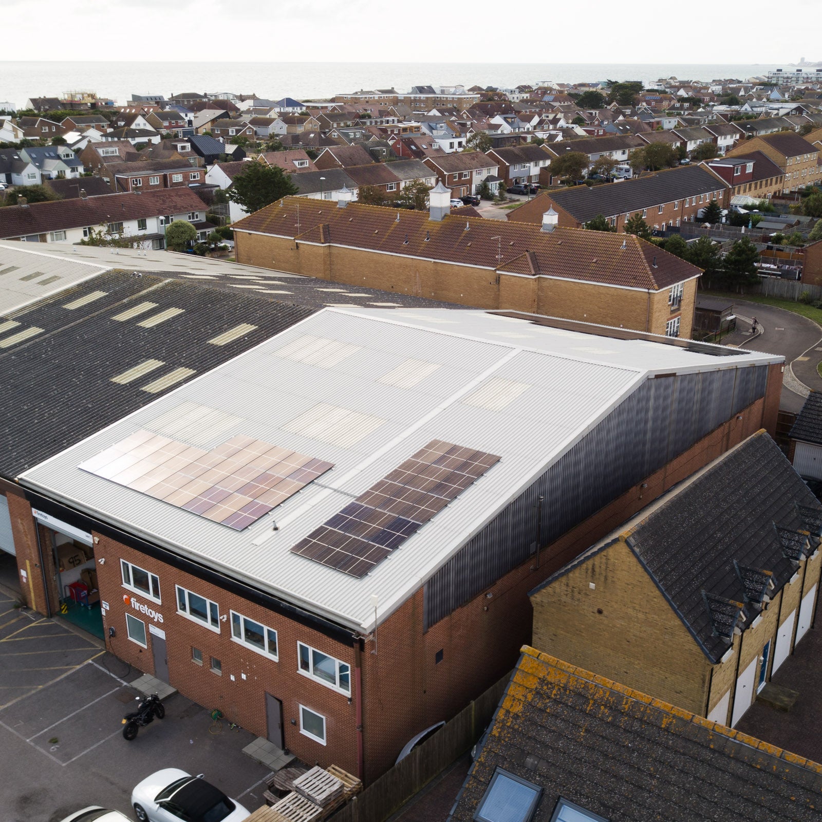 aerial photo of our solar powered warehouse in sussex, uk