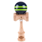 Duncan Komodo Kendama, featuring a wooden handle and a navy blue and green striped ball at the top.