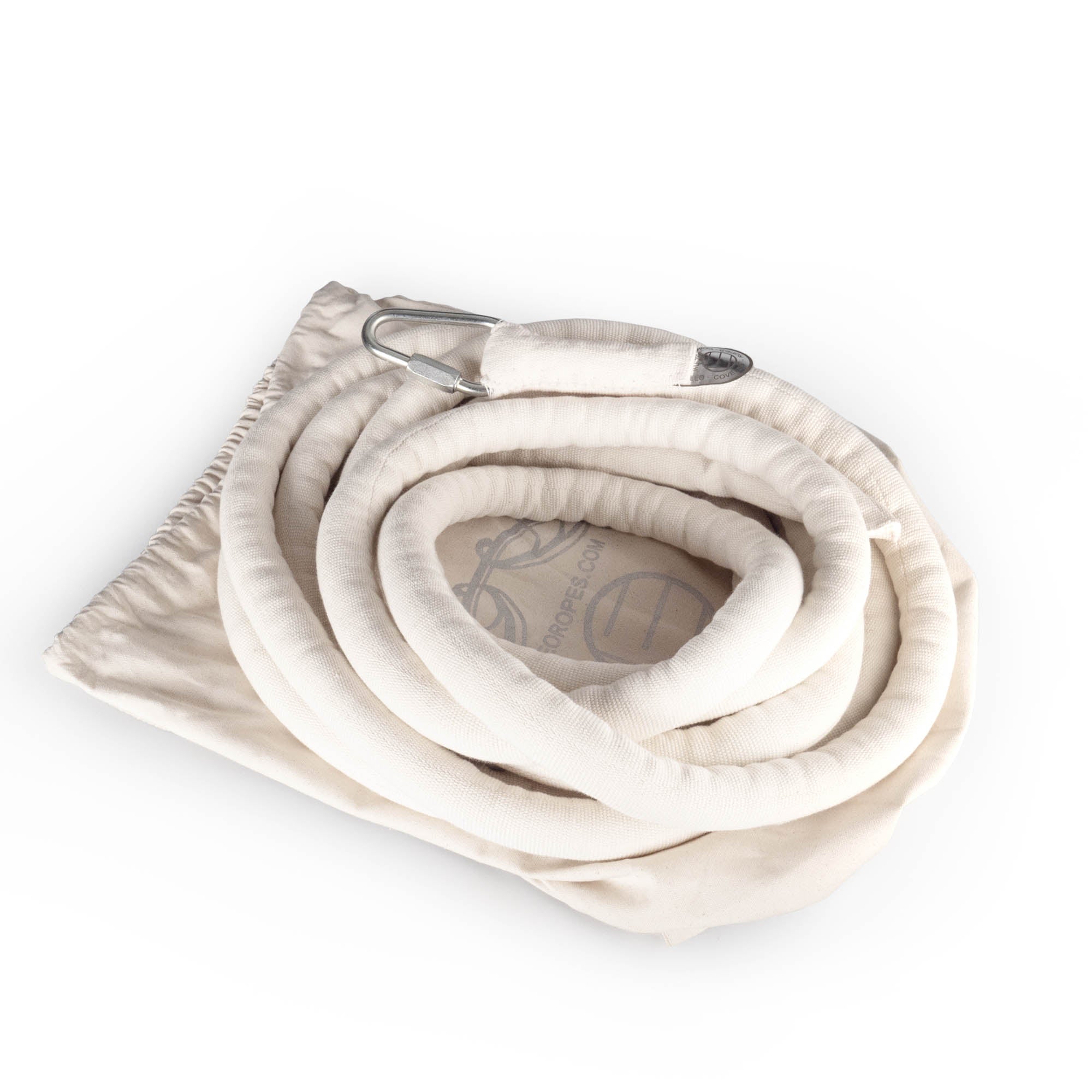 White Leo cotton covered rope coiled up on bag