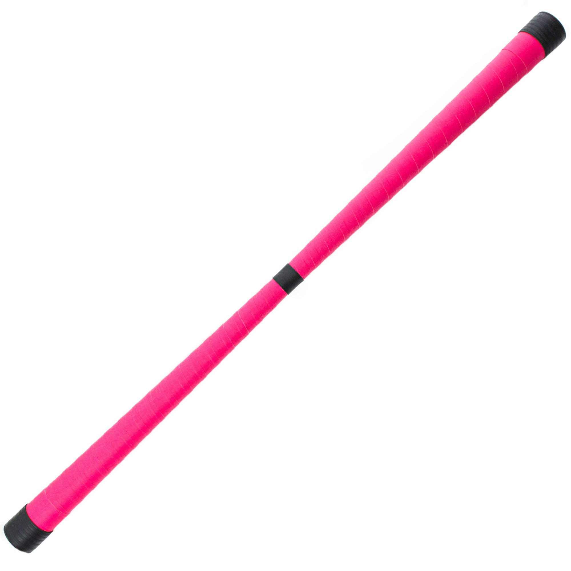 a bright pink devilstick with black ends and black centre point