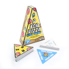 Pizza-themed kids' letter game with packaging and cards on a white background