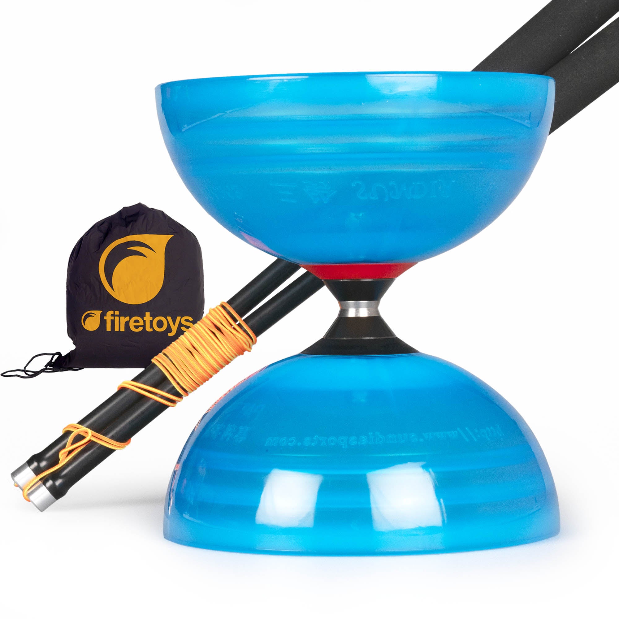 Blue diablo with black hand sticks and firetoys bag