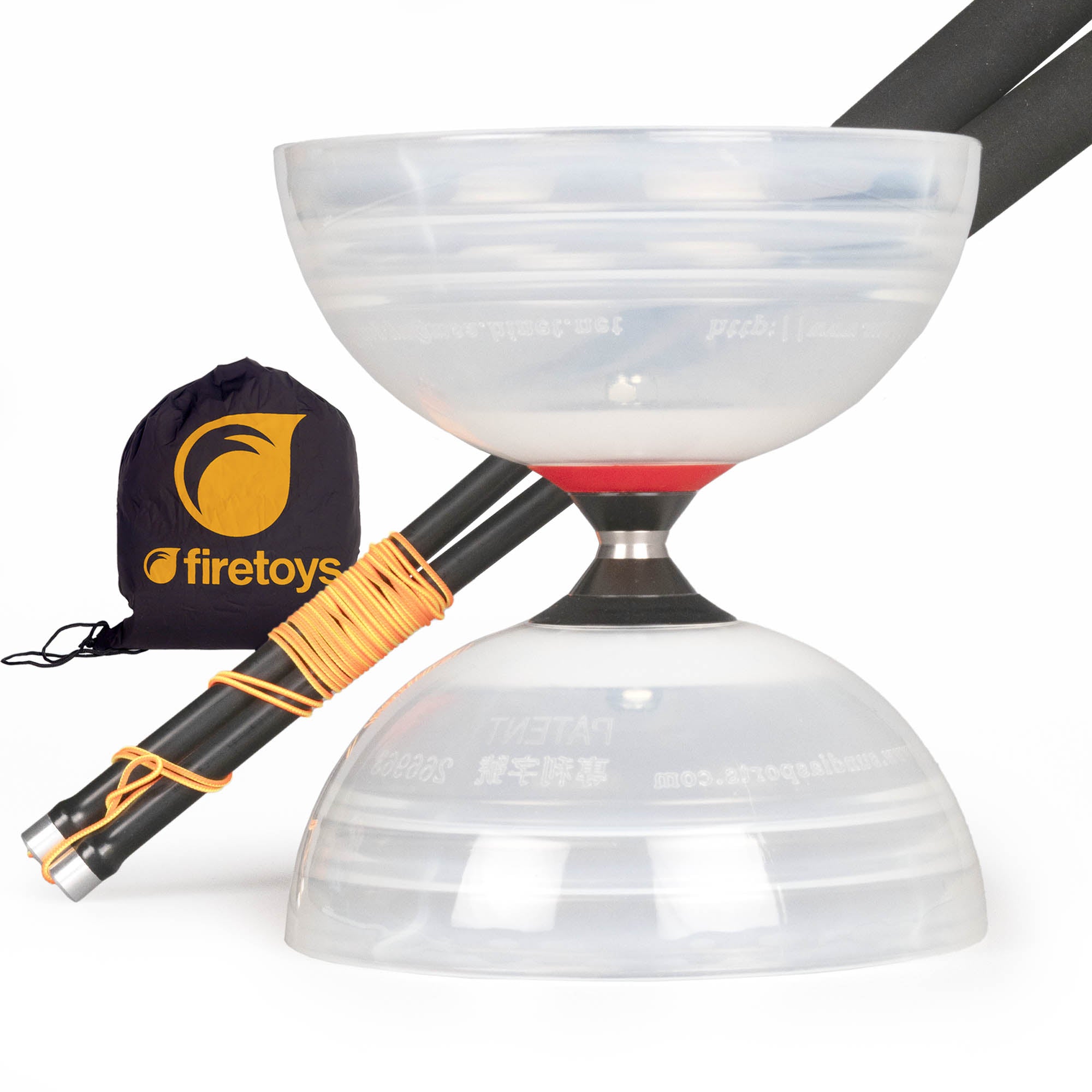 Clear diablo with black hand sticks and firetoys bag