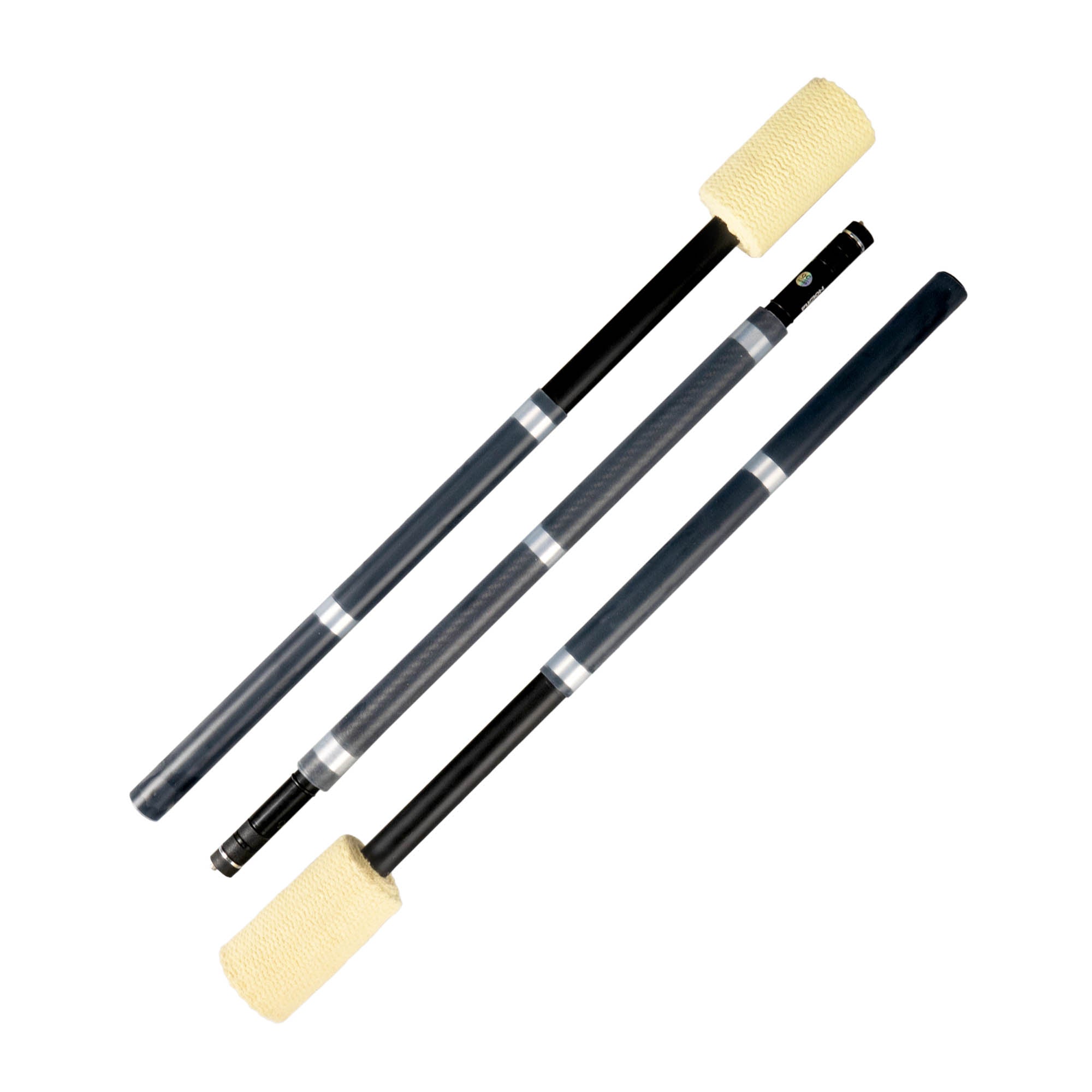 A three-part contact fire staff with black tubing and silicone grip.