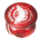 Red yo-yo with butterfly logo on a white background
