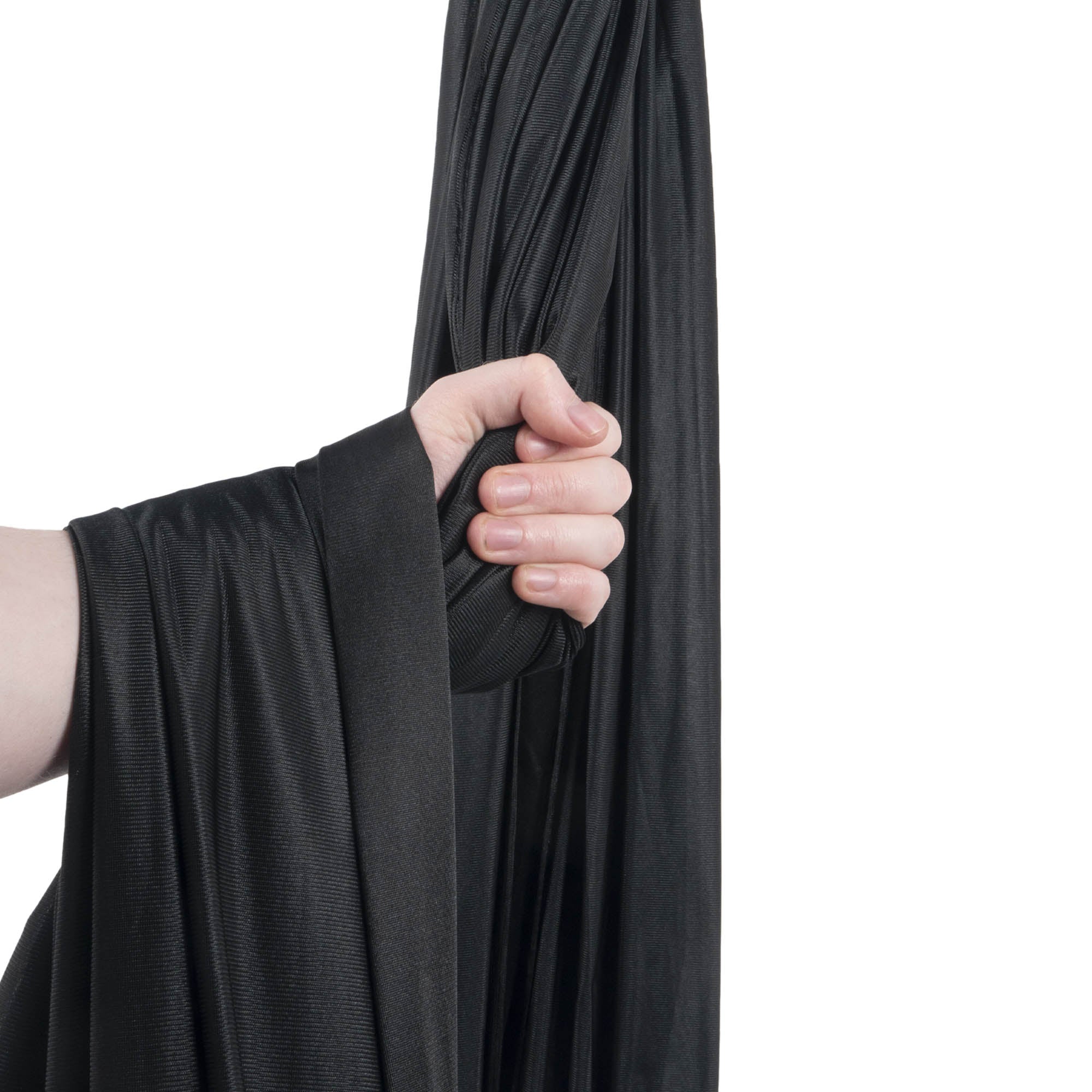 Black yoga hammock wrapped around hand