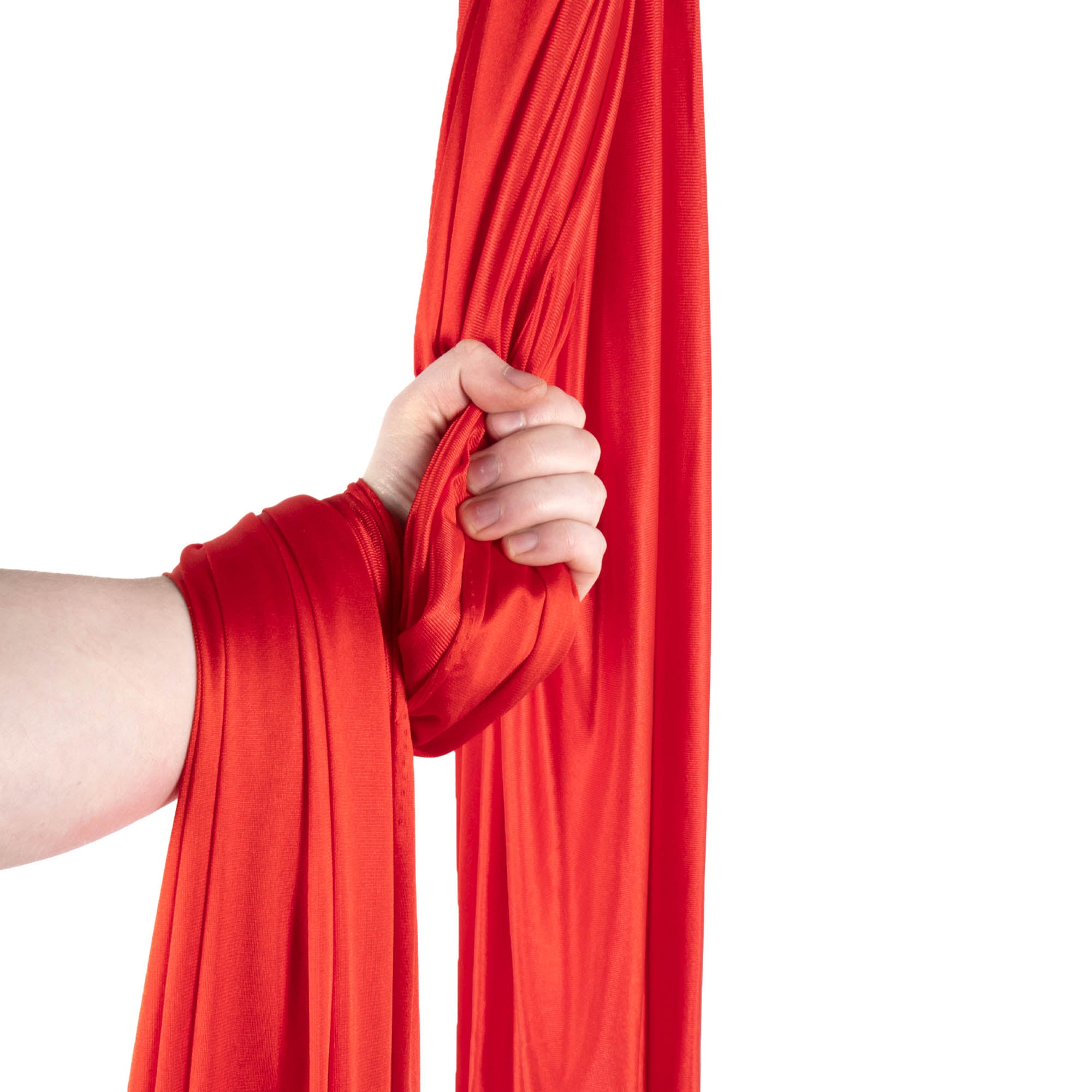 Red yoga hammock wrapped around hand