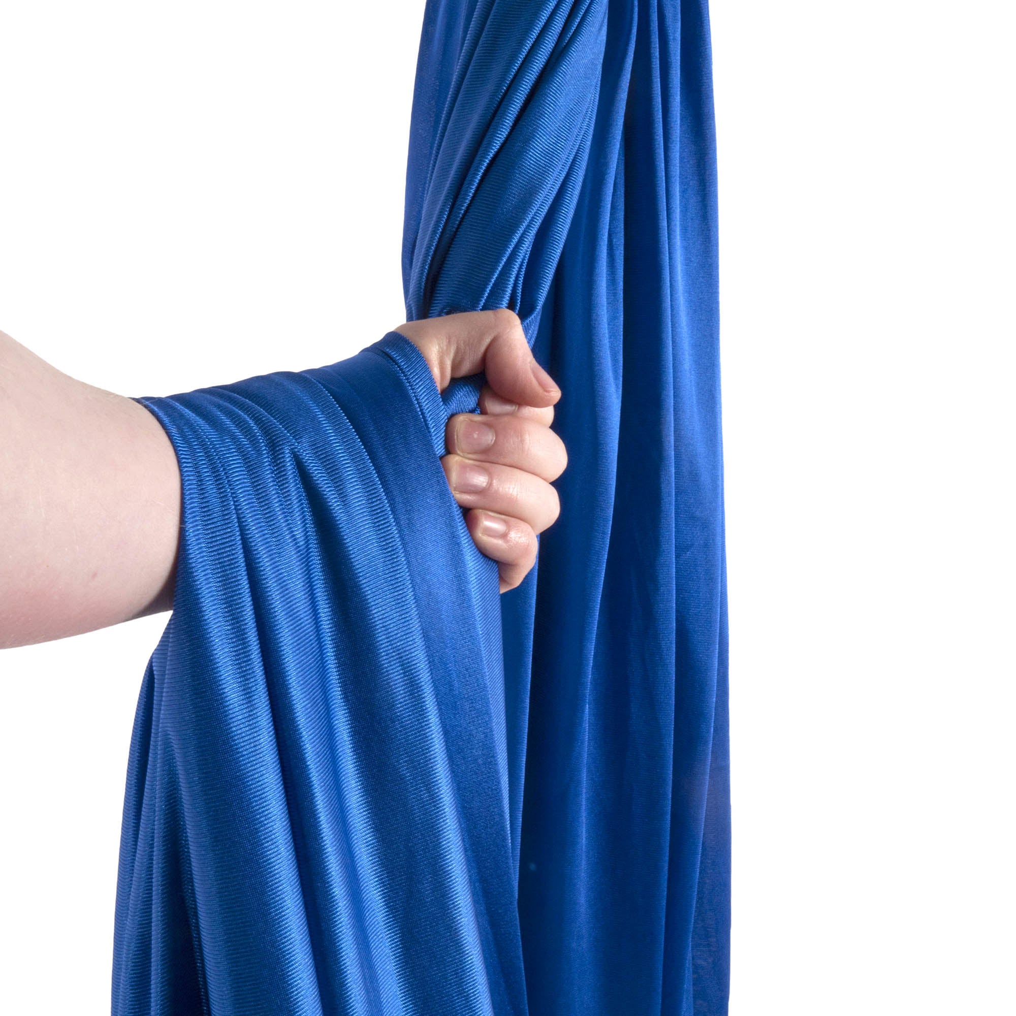 Royal blue yoga hammock wrapped around hand