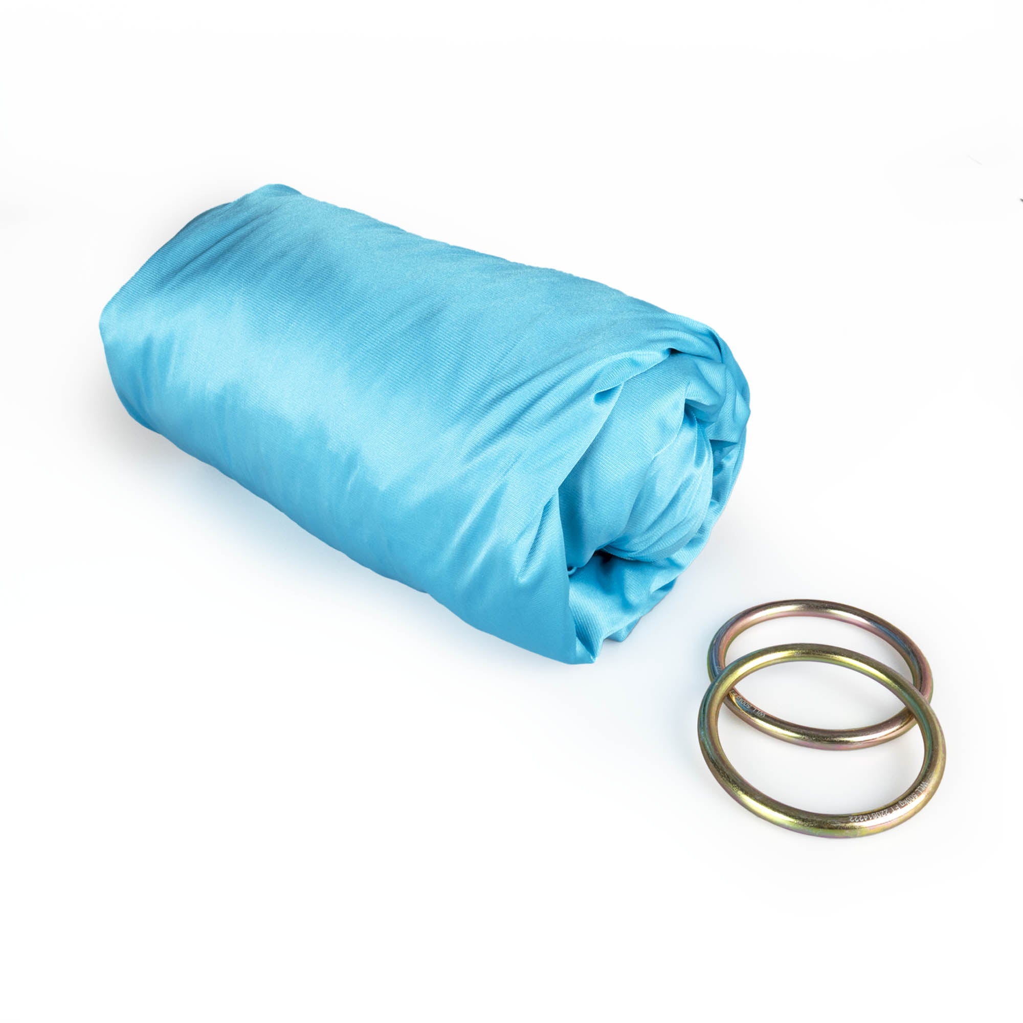Turquoise yoga hammock with O rings detached