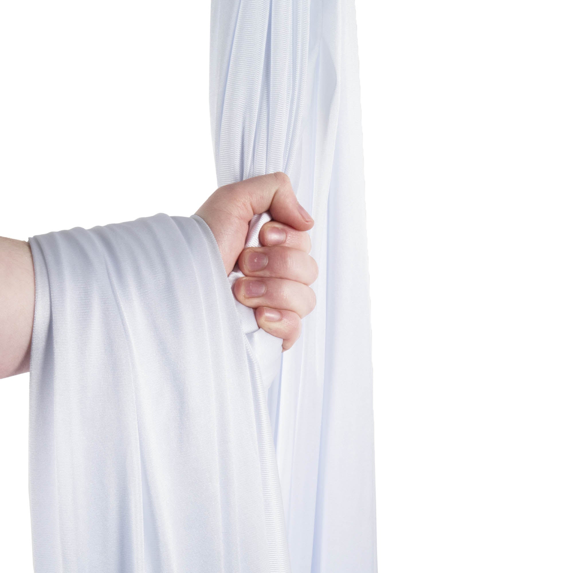 White yoga hammock wrapped around hand