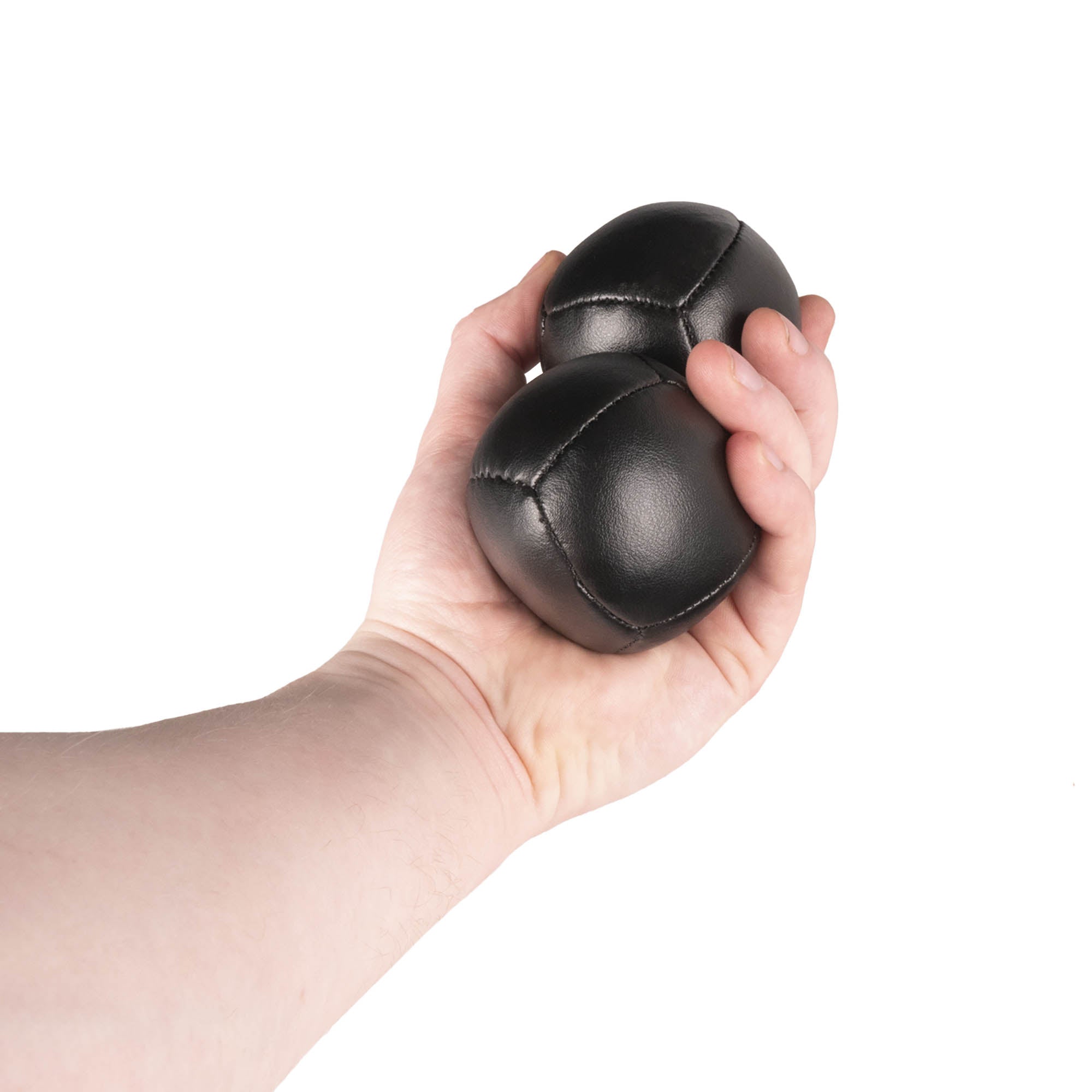Firetoys two black 110g thud juggling balls in hand