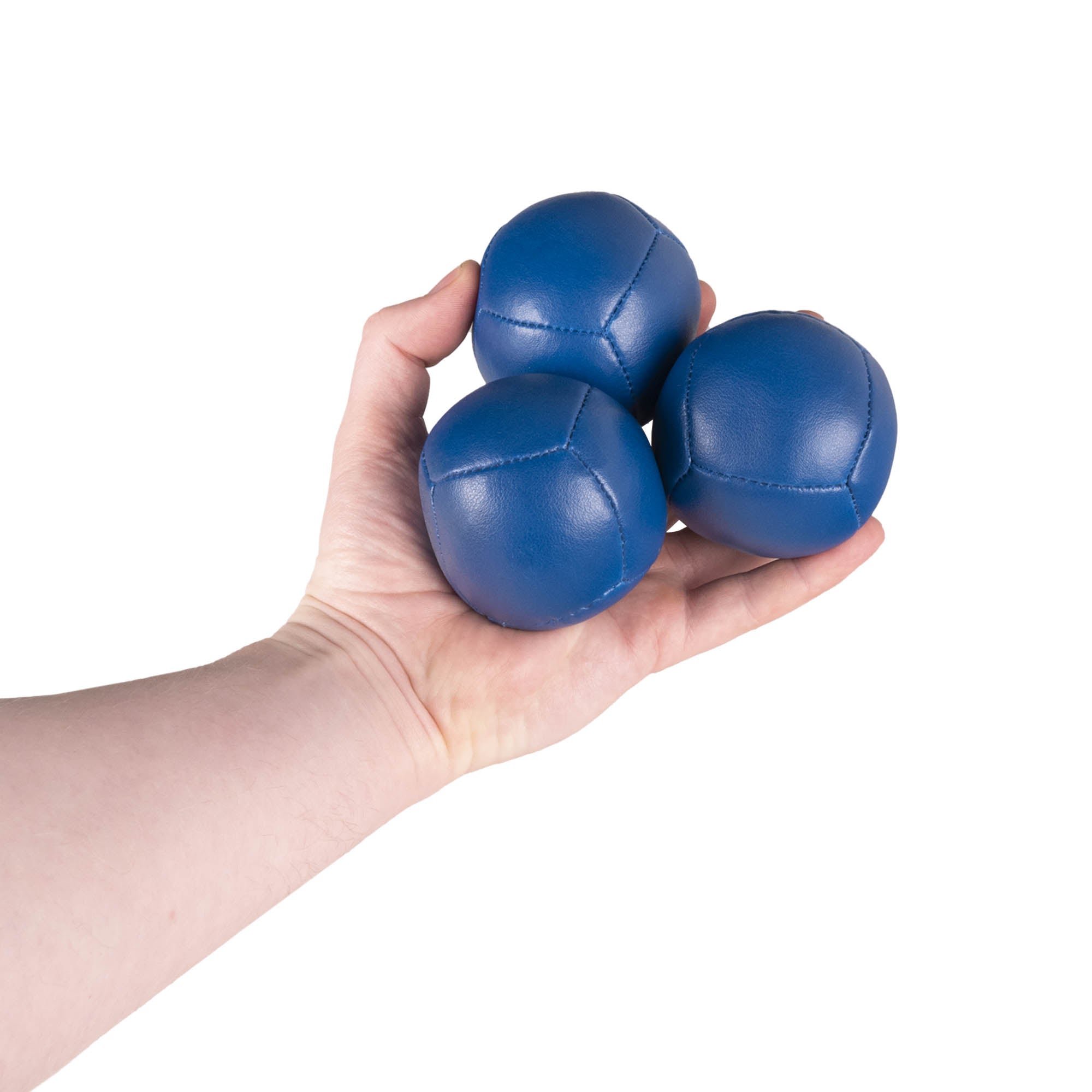 Firetoys three blue 110g thud juggling balls in hand