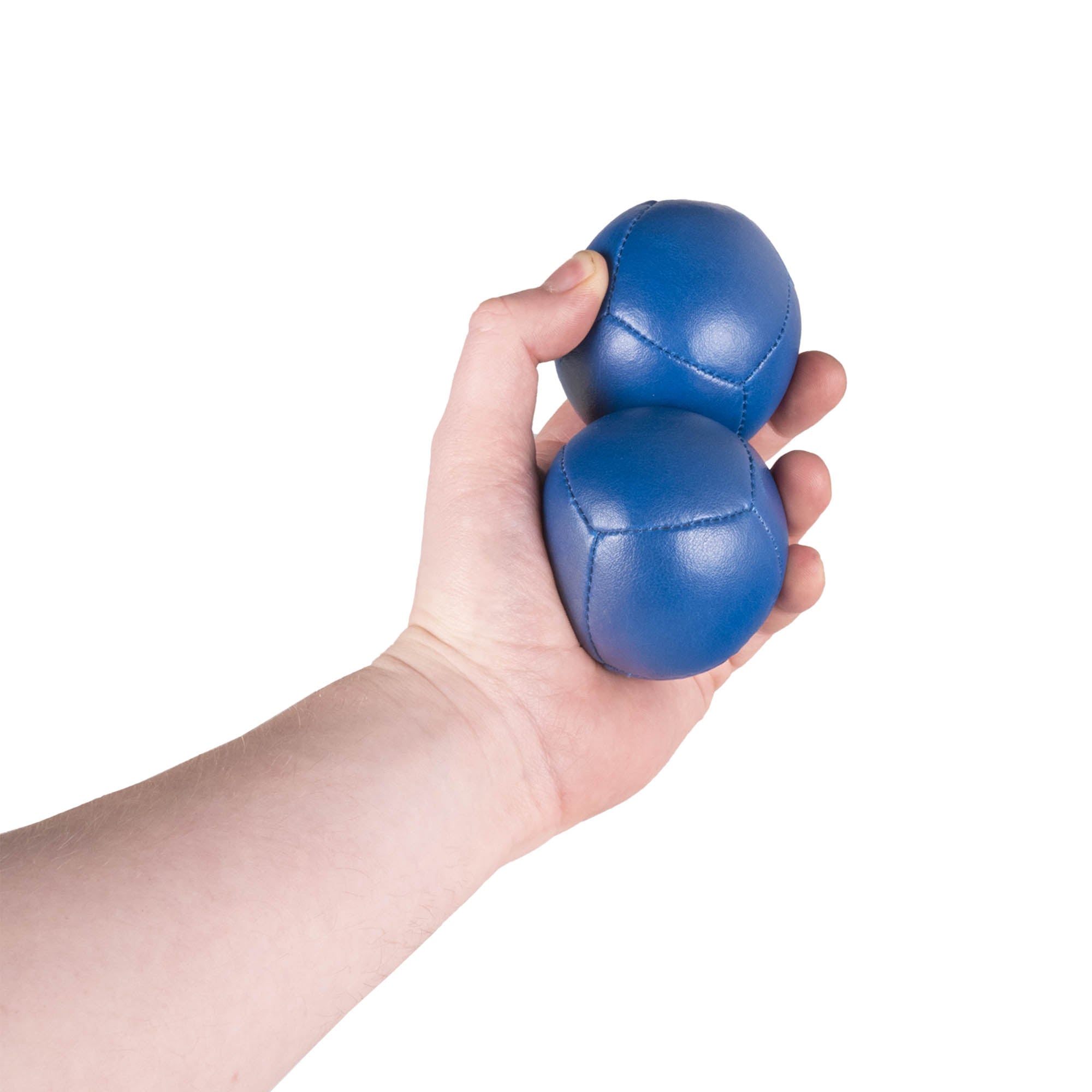 Firetoys two blue 110g thud juggling balls in hand