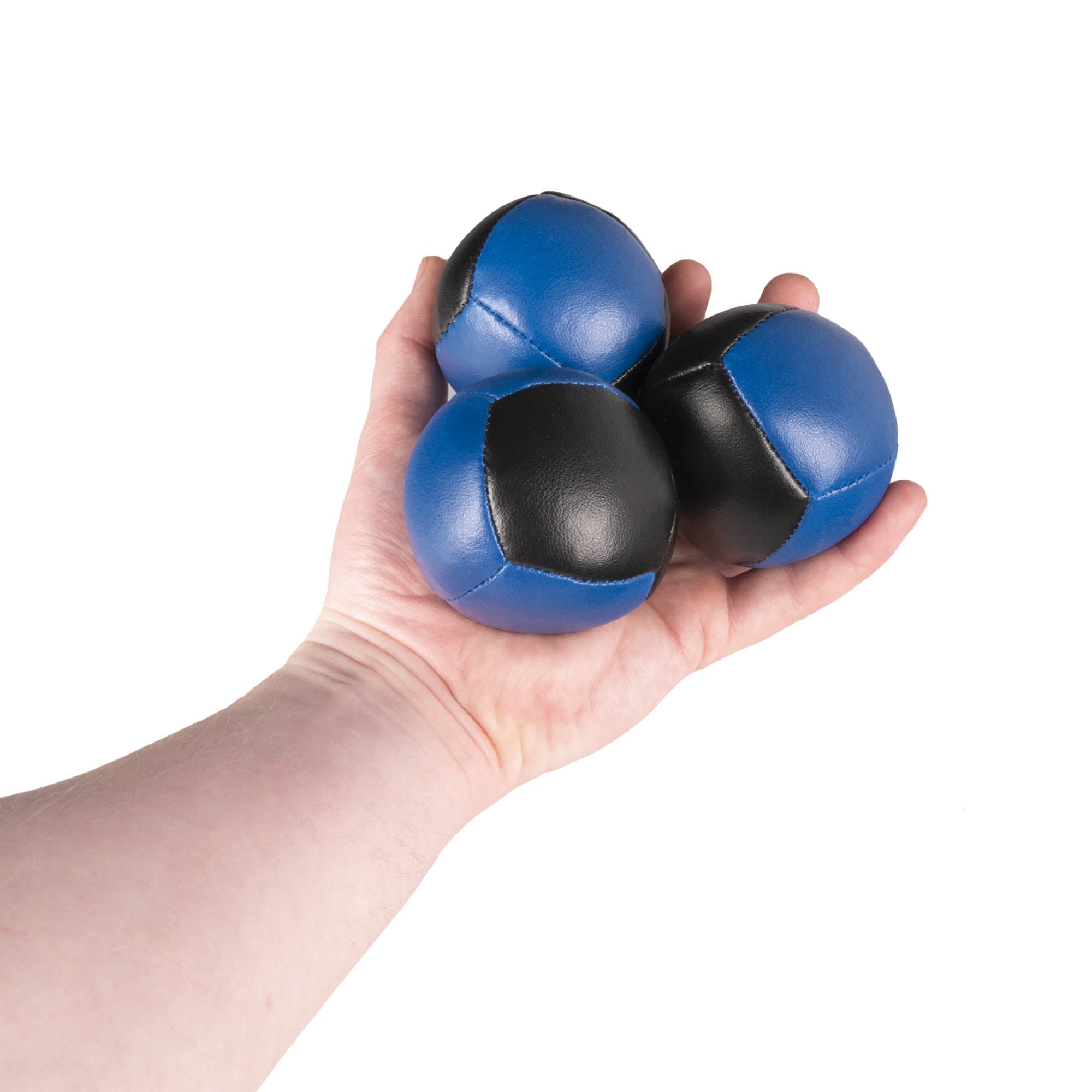 Firetoys three black/blue 110g thud juggling balls in hand