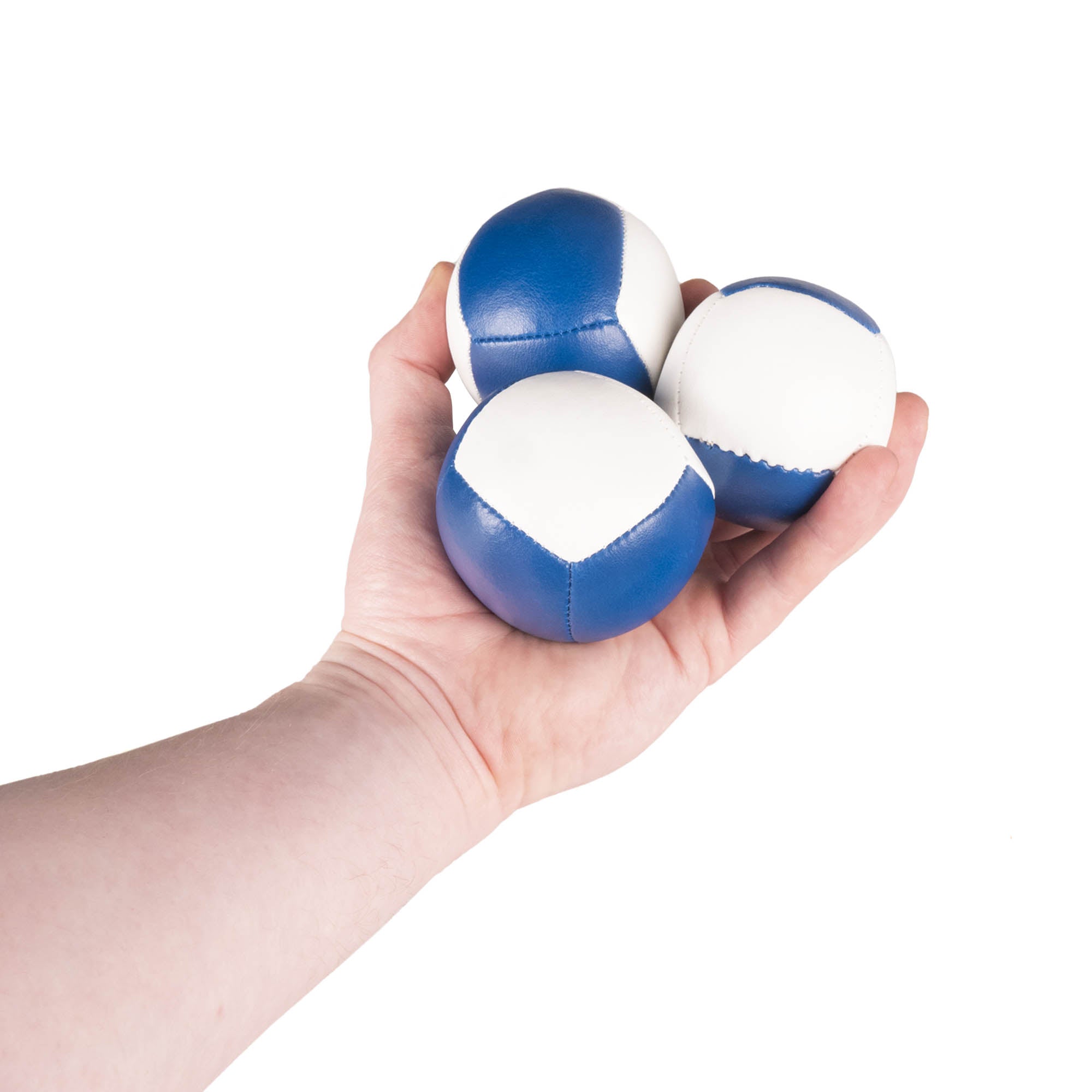 Firetoys three blue/white 110g thud juggling balls in hand
