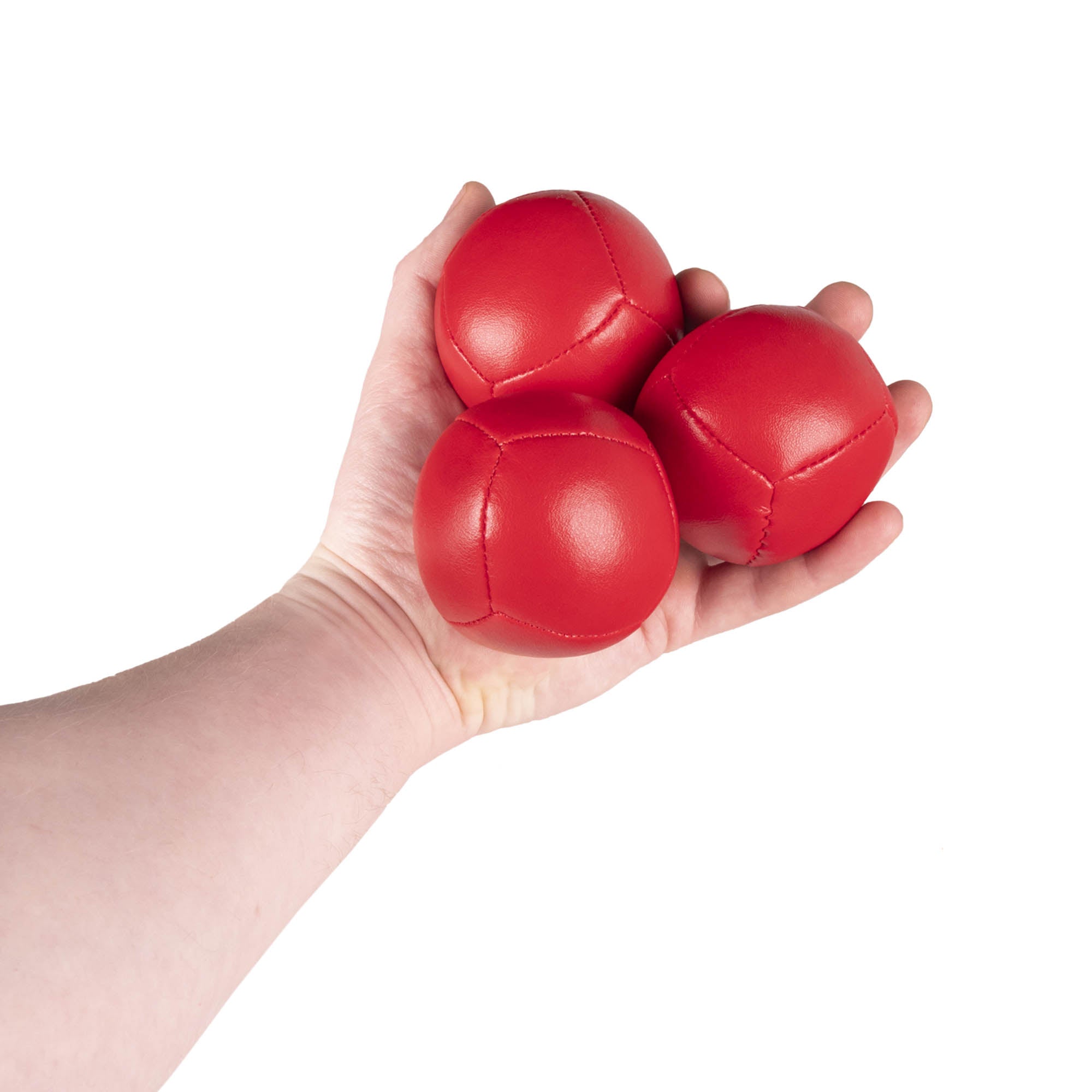 Firetoys three red 110g thud juggling balls in hand