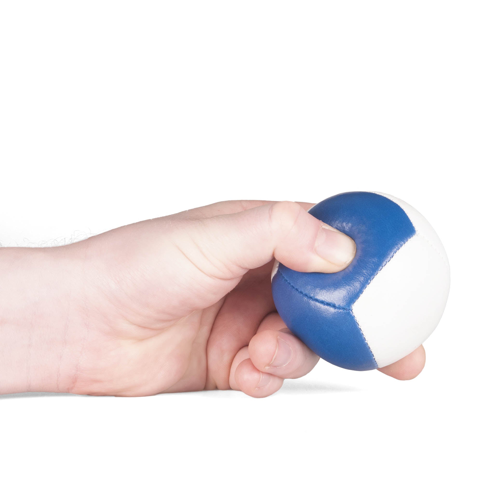 Firetoys blue/white 110g thud juggling ball being squeezed