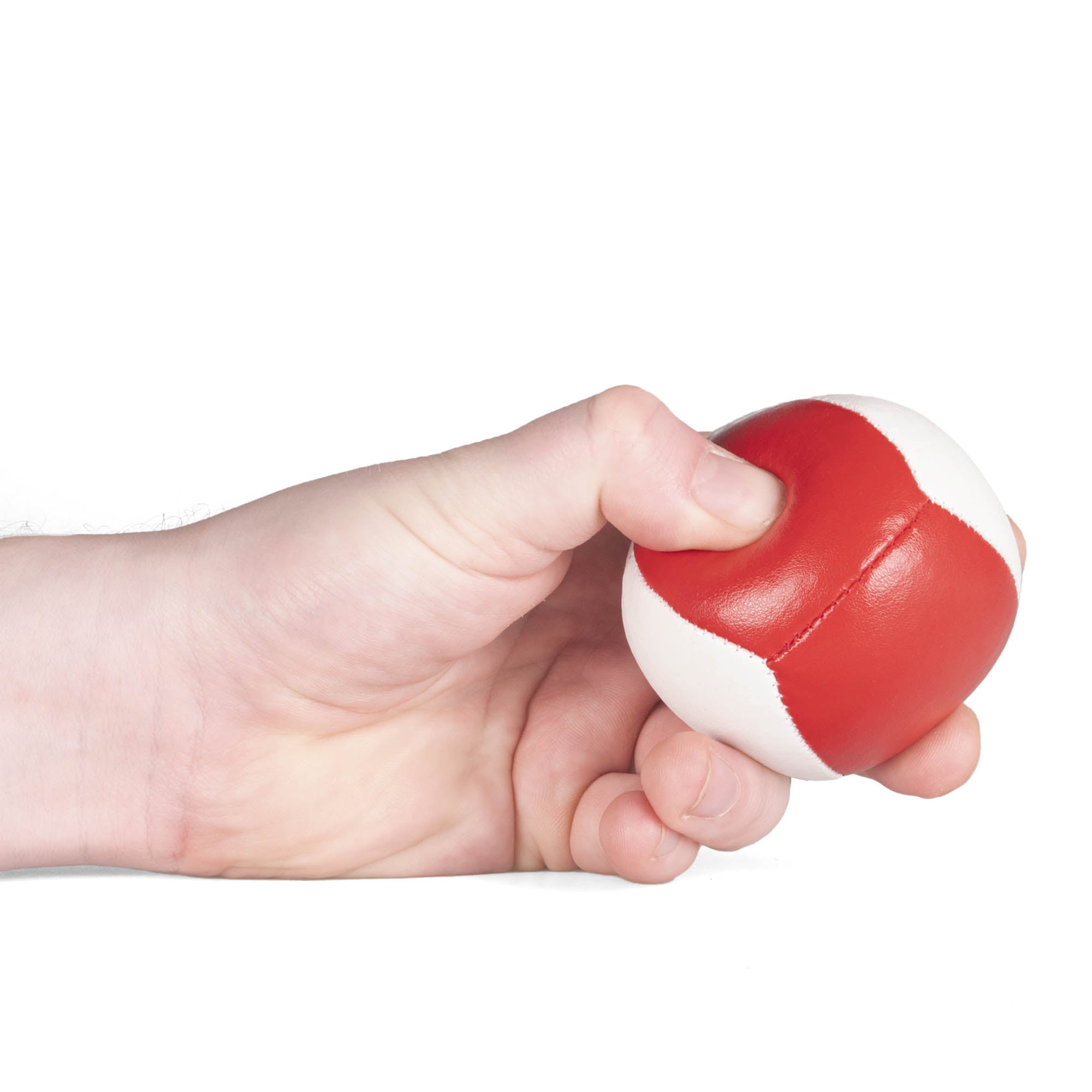 Firetoys red/white 110g thud juggling ball being squeezed