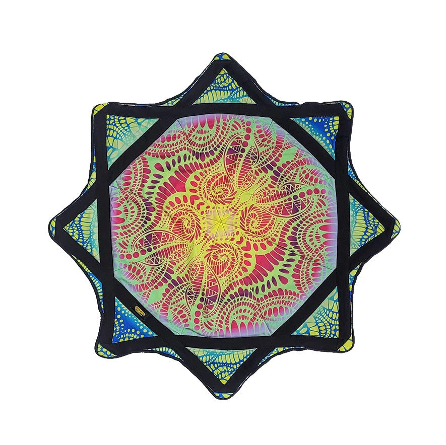 Colorful geometric  spinning cloth with a vibrant pattern on a white background