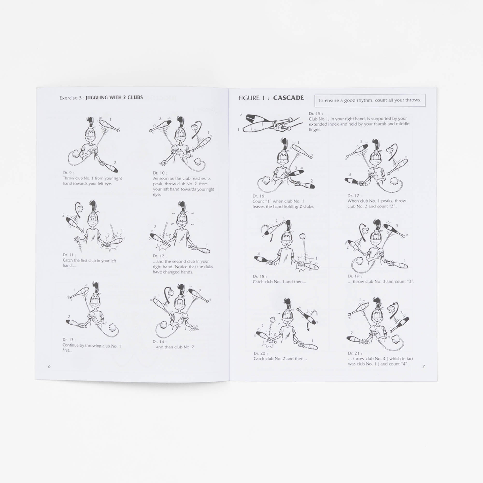 example pages from clubs booklet showing juggling with 2 clubs and 3 club cascade