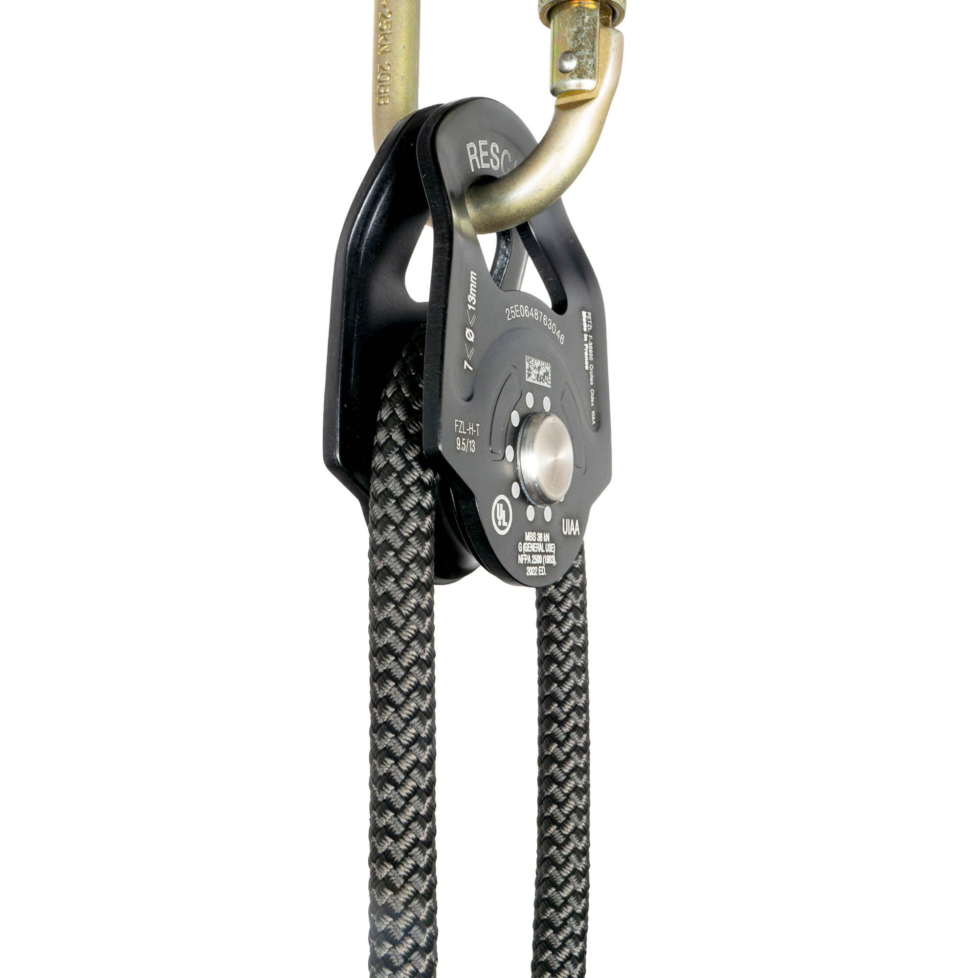 Petzl rescue pulley attached to carabiner at angle