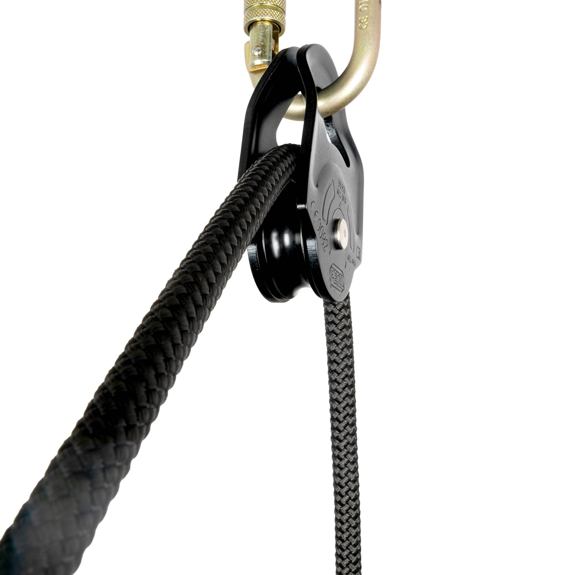 Petzl rescue pulley attached to carabiner rope pulling through