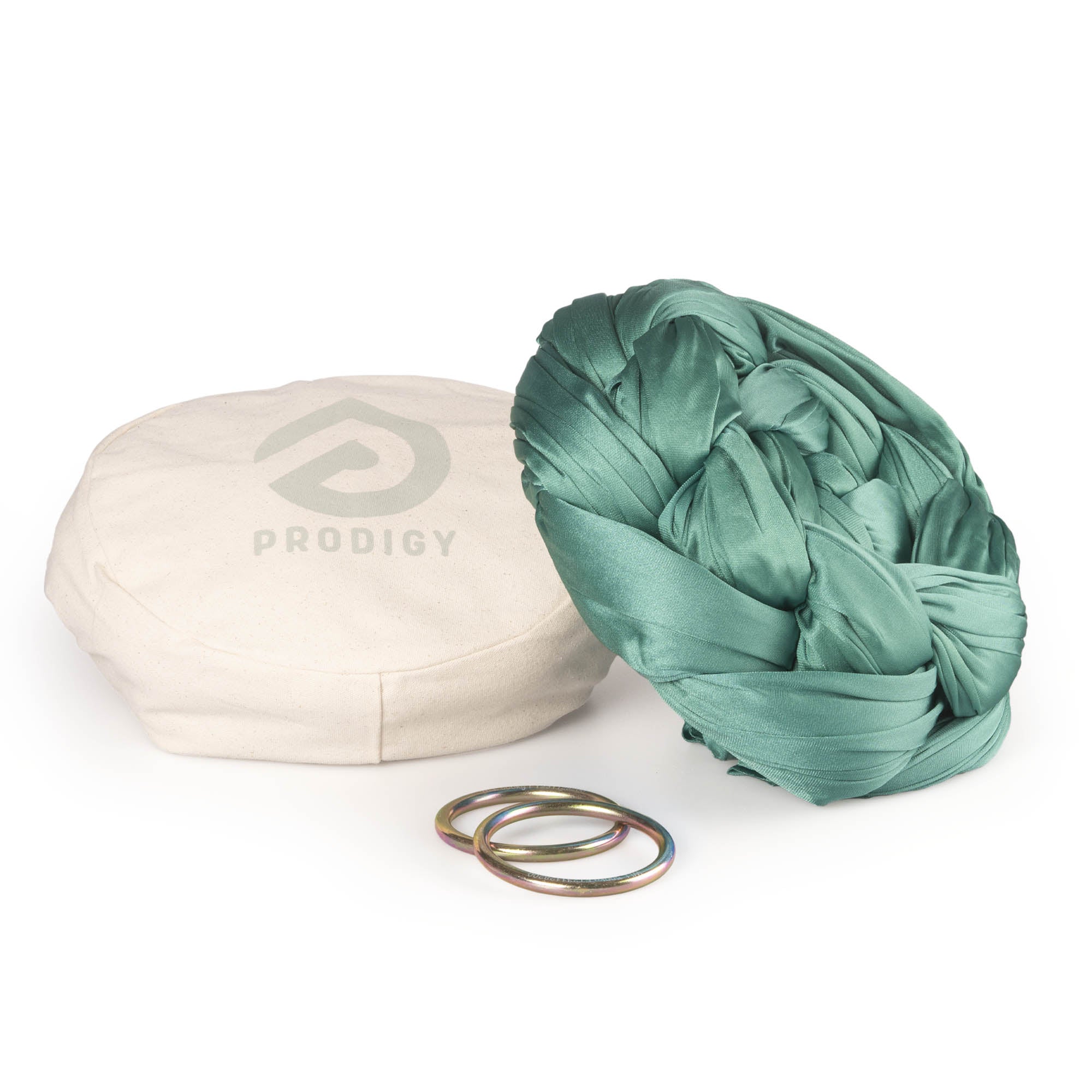 Jade Aerial Sling resting on eco bag with O-rings laying in front