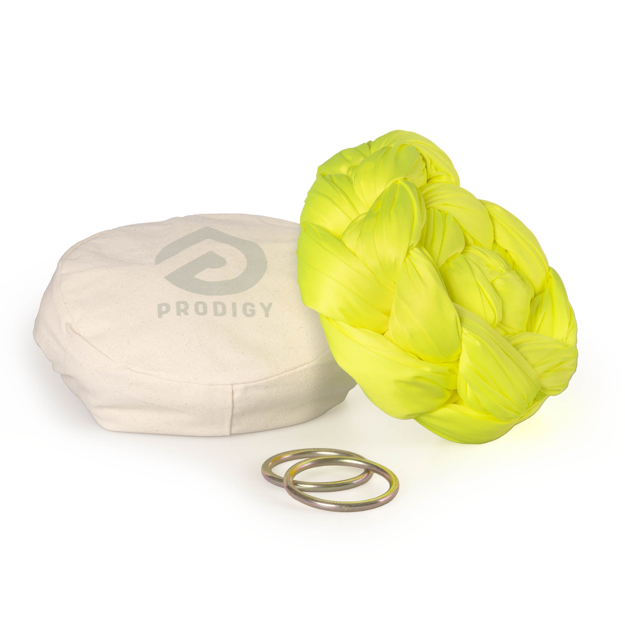 Neon yellow yoga hammock resting on eco bag with O-rings laying in front