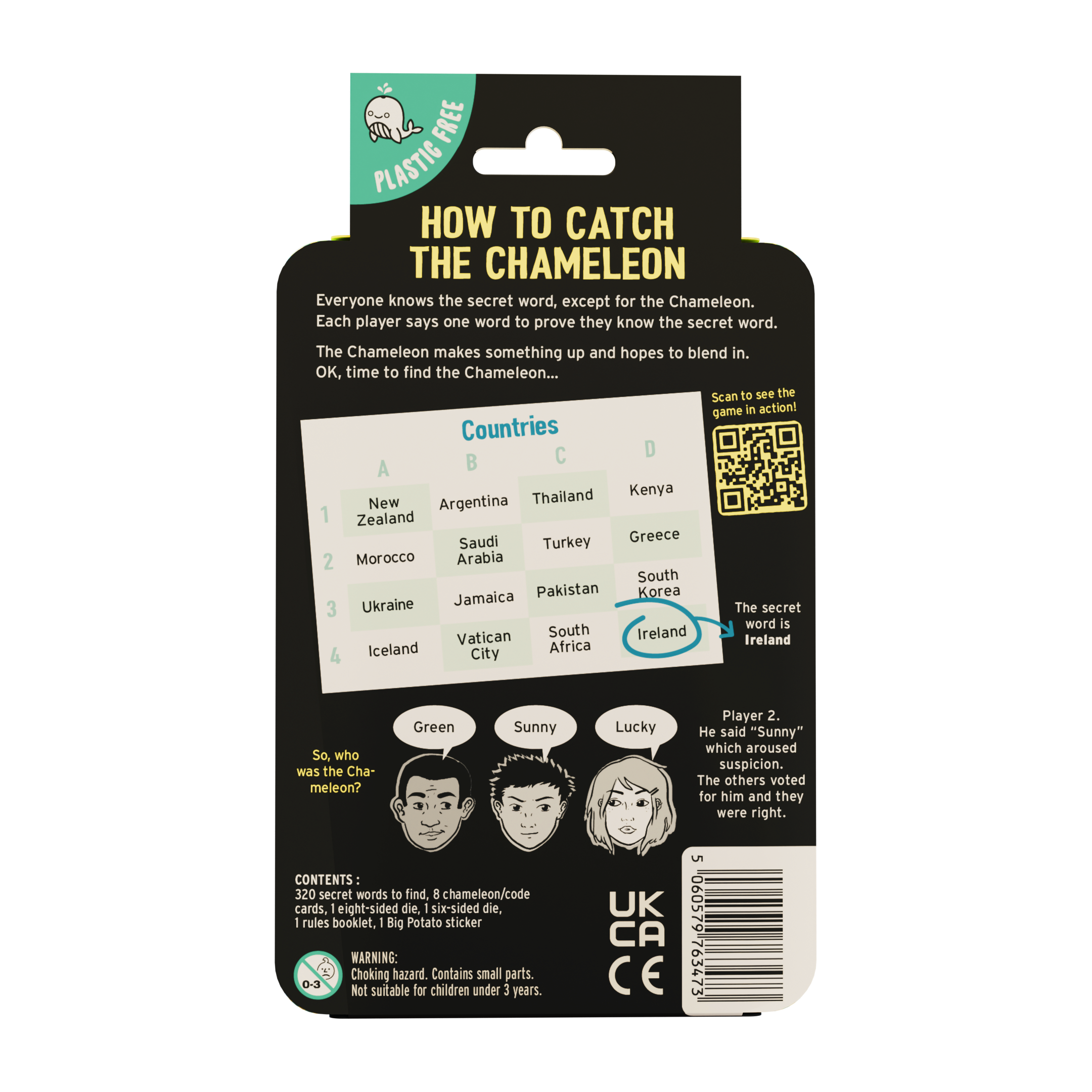 Card game packaging for 'How to Catch the Chameleon' with text and graphics on a white background