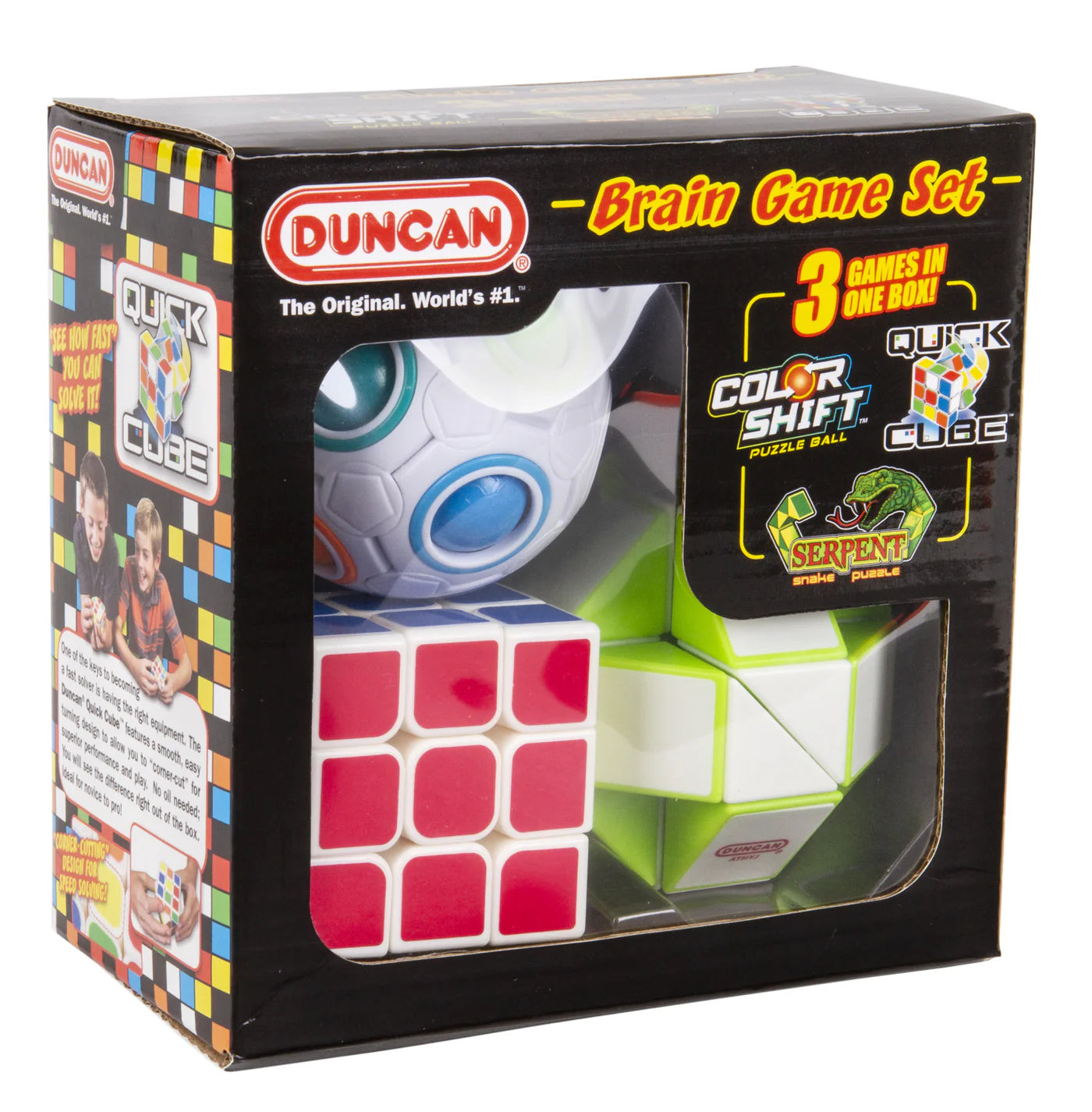 Duncan Brain Game Set packaging containing three colorful puzzles: a cube, a ball, and a snake-shaped puzzle.