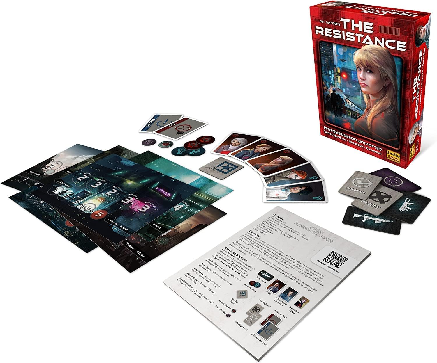 Board game set with 'The Resistance' box, cards, and instructions on a white background