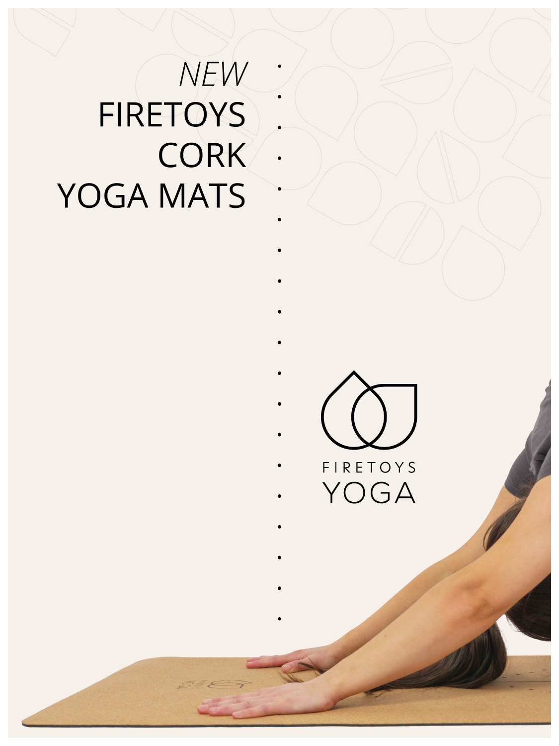 banner for the new firetoys cork yoga mat depicting the mat being used by someone stretching